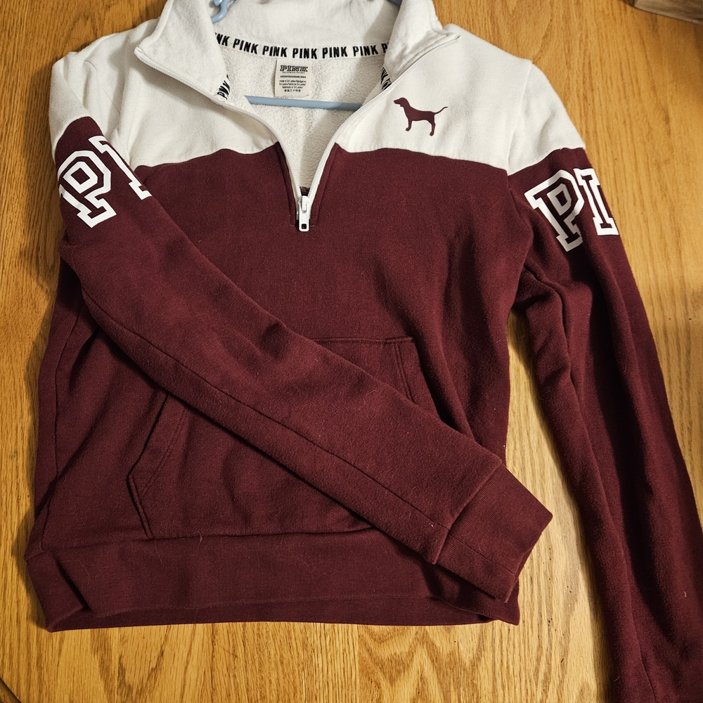 *4 For💲30* Victoria's Secret PINK Burgundy and White Quarter Zip Sweater